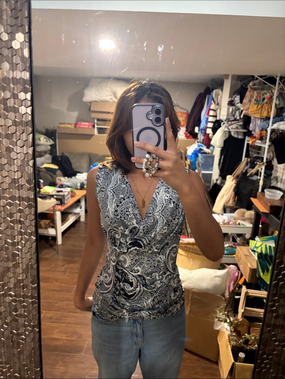 Cleo Black & White Paisley Faux-Wrap Camisole